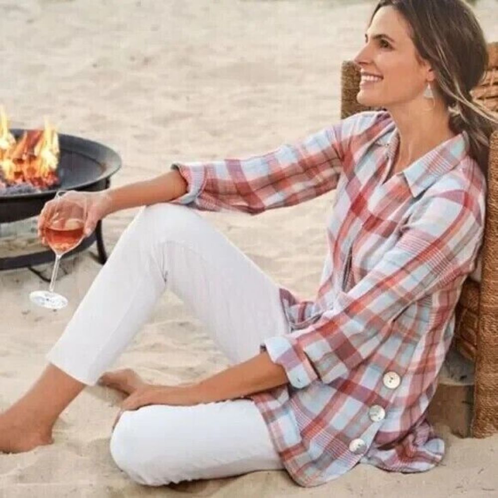 Soft Surroundings Lani Shores Cotton Plaid Button Shirt Tunic Size XSmall